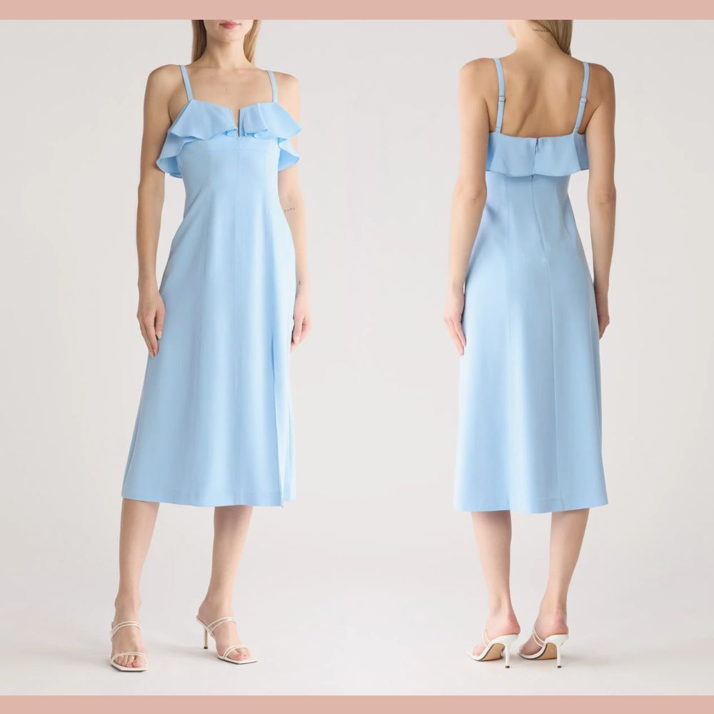 NWT $495 Cinq à Sept [ 12 ] Karrie‎ Ruffle V Neck Midi Dress in Sky Blue